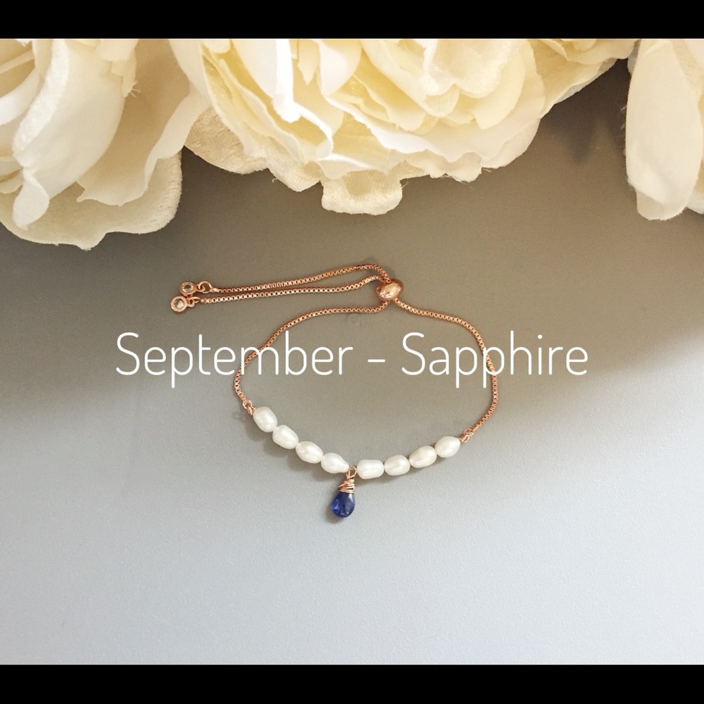 Rose Gold adjustable bracelet with sapphire drop